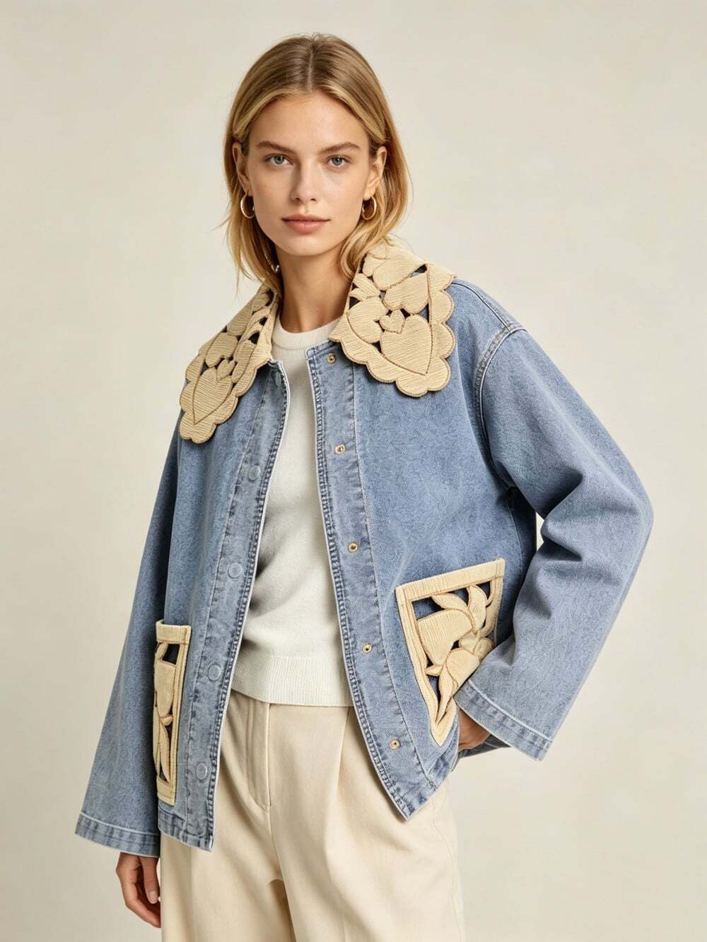 NWOT Farm Rio Blue Denim Barn Jacket Corduroy Richelieu Cutout Collar Pockets XS